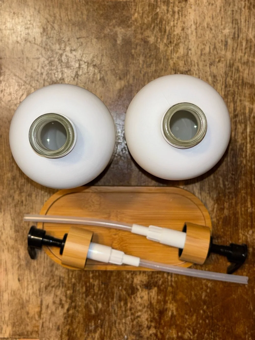Modern Bamboo Bathroom Set Soap Lotion Dispensers Tissue Box White 3 Pc